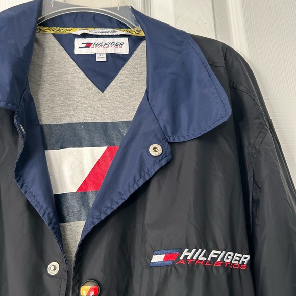 Tommy Hilfiger Vintage Windbreaker Mens XL Black Navy Logo Button Up Collared - Picture 10 of 11